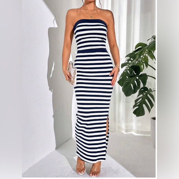 Blue/White Striped Print Tube Top & Split Hem Skirt - Picture 4 of 7